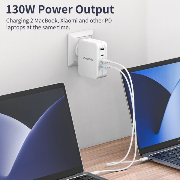 Choetech, PD6001, 130W, 4-Port GaN Fast Charger, 3 x Type-C & 1 x USB, PD 3.0 & QC 3.0 (Laptops/Consoles/Phones/Tablets)