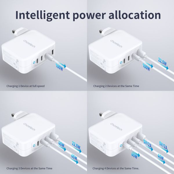 Choetech, PD6001, 130W, 4-Port GaN Fast Charger, 3 x Type-C & 1 x USB, PD 3.0 & QC 3.0 (Laptops/Consoles/Phones/Tablets)