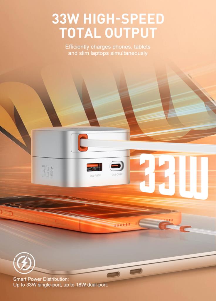 LD 33W GaN Power Adaptor with Retractable Cable