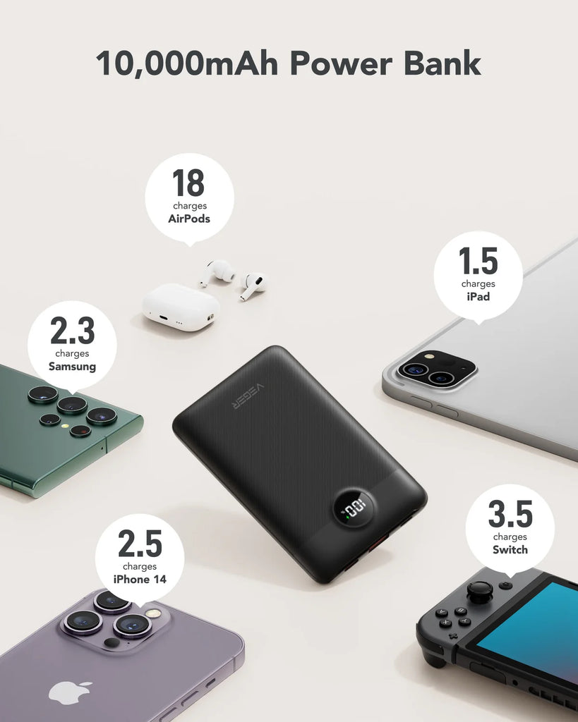 Veger 10,000mah Powerbank with Built In USB C and Lightning Cables