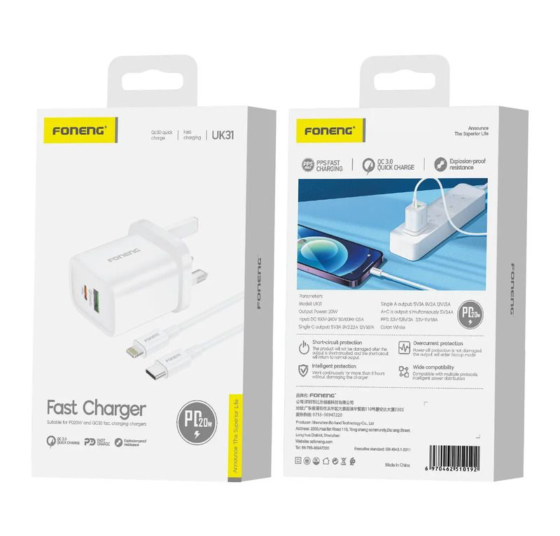 FONENG, UK31 A+C 2-Port Charger (20W) With USB-C to USB-C Cable