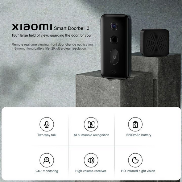 Xiaomi, Smart Doorbell 3, Wifi, 2K HD, Live Video & Audio, Chime, Night Vision, Motion Detection, AI Human Detection, Internal Battery (4.8 Months), 5200mAh