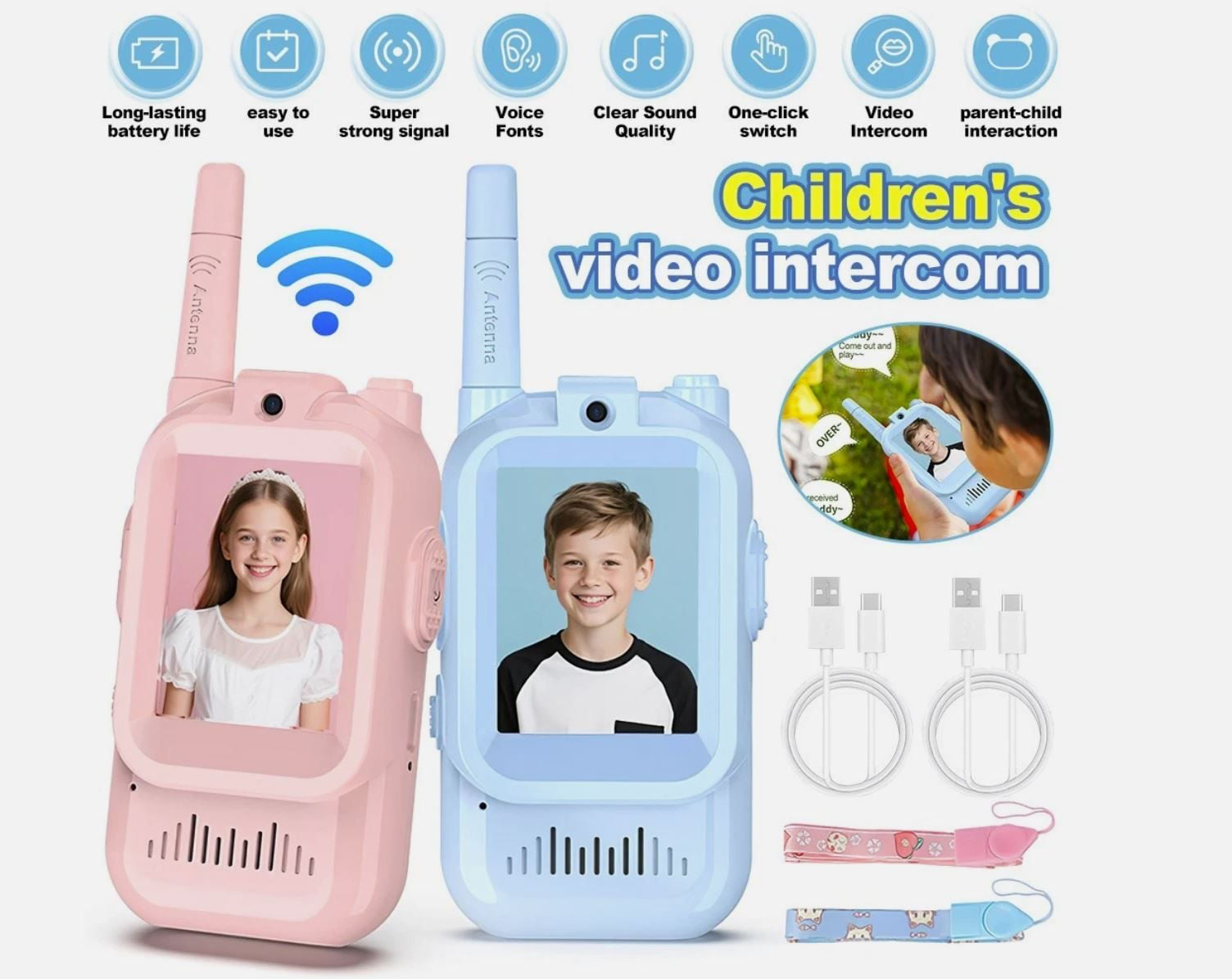 Video Walkie Talkies for Kids, 2 Pack, 2 x Rechargeable Video Walkie, 2 x USB-C Charging Cables, 2 x Lanyards, 150-500M Range