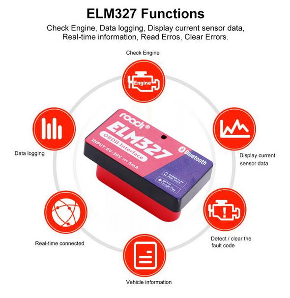 Roadi, ELM327, OBD 2, Universal Vehicle Diagnostic Scanner, Bluetooth, iOS/Android, Smartphone Application