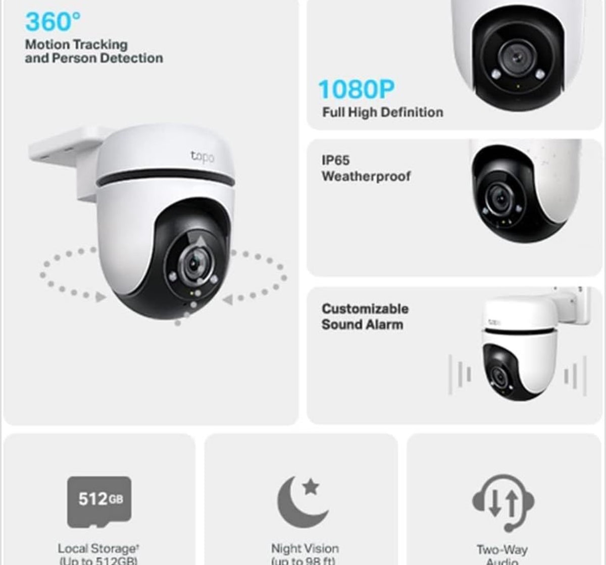 TP-Link, Tapo C500T, 1080p Full HD Outdoor Pan/Tilt Security Wi-Fi Camera, 360° Motion Detection, IP65 Weatherproof, Night Vision