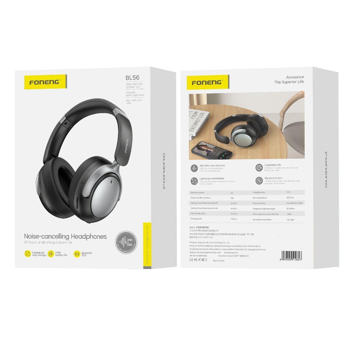 FONENG, BL56 ANC+ENC Noise Canceling Foldable Bluetooth Headset - Black