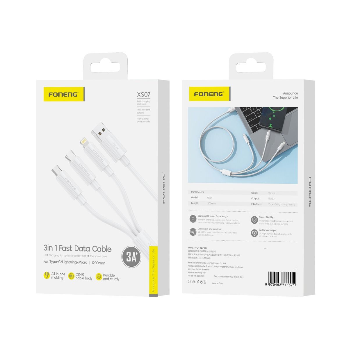 FONENG, XS07 1.2M 3-in-1 Trident Cable (3A) USB-A to USB-C, Lightning and Micro USB, White