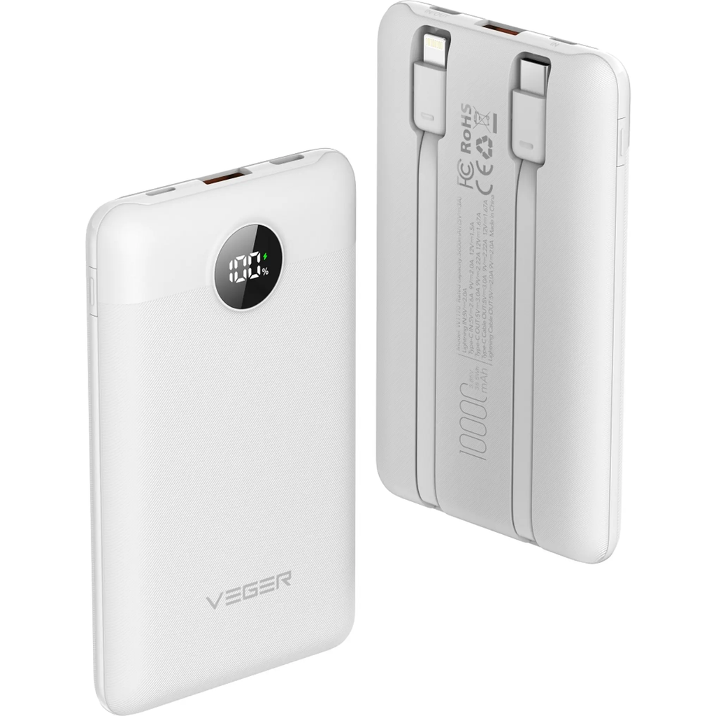 Veger 10000 mah Powerbank with built-in USB-C/Lightning cables