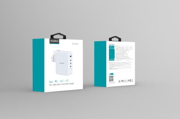 Choetech, PD6001, 130W, 4-Port GaN Fast Charger, 3 x Type-C & 1 x USB, PD 3.0 & QC 3.0 (Laptops/Consoles/Phones/Tablets)