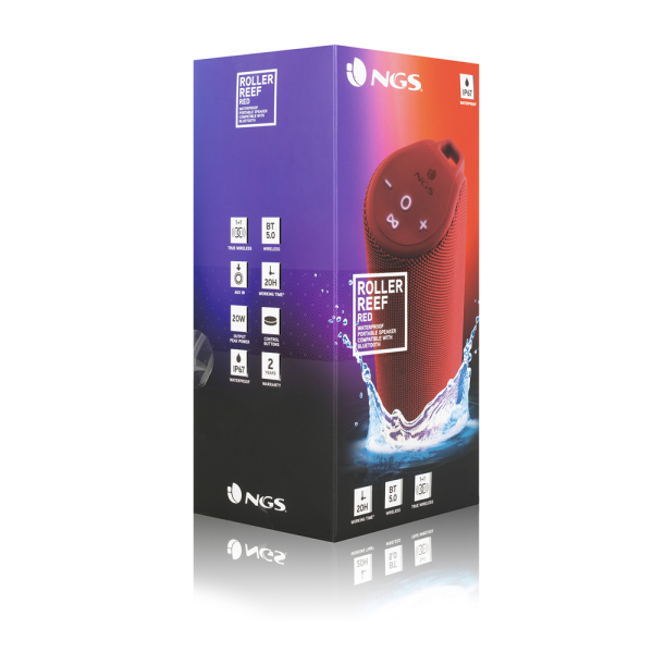 NGS, Roller Reef RED, IP67 Waterproof, BT 5.0 Speaker, TWS/AUX IN, 20 Hour Battery - 20W
