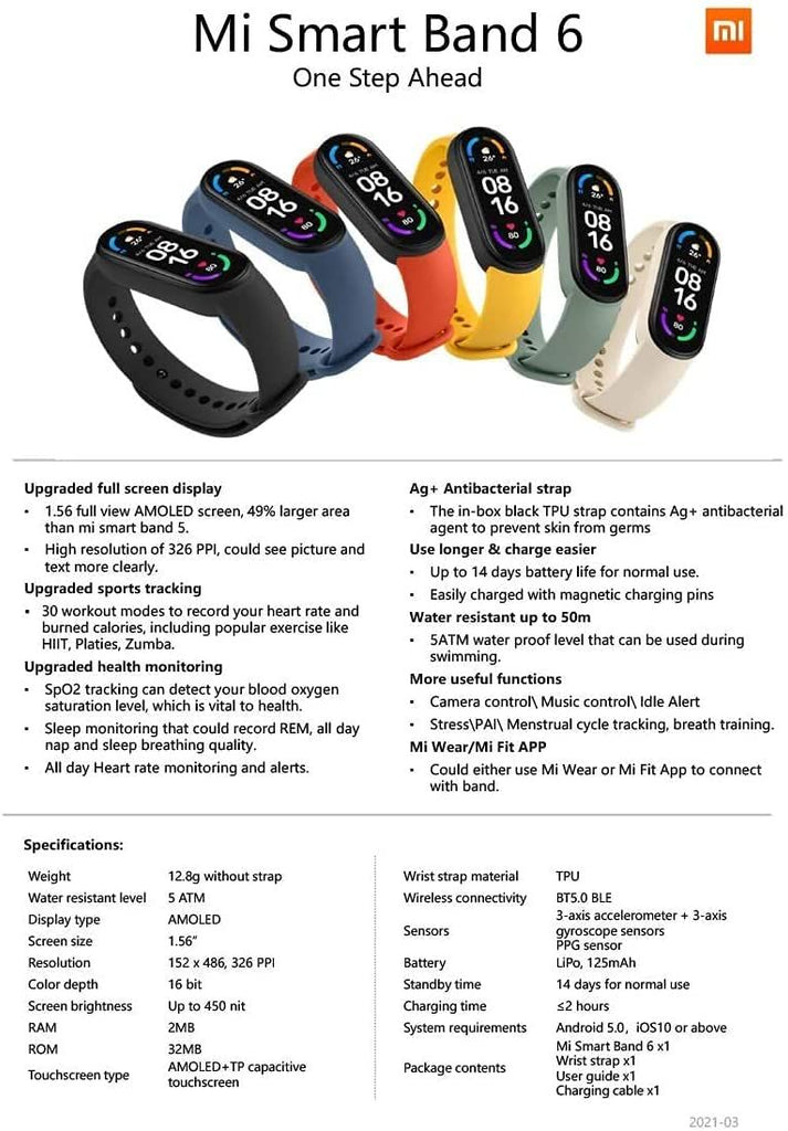 Xiaomi, Mi Band 6 (2021) AMOLED, 5ATM Waterproof, Fitness Tracker with Sp02, Blood Oxygen Sensor
