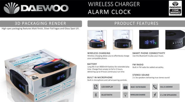 Daewoo Wireless Charging Bluetooth Clock Radio