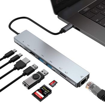 8 in 1 Type-C Hub Adapter, 4K HDMI, Ethernet, Type-C, SD/TF Card Reader, 2*USB Ports, Thunderbolt